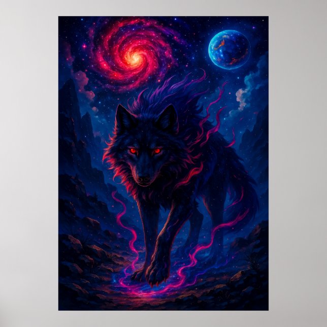 Kosmischer Wolf mit Galaxy Energy Fantasy Poster (Vorne)