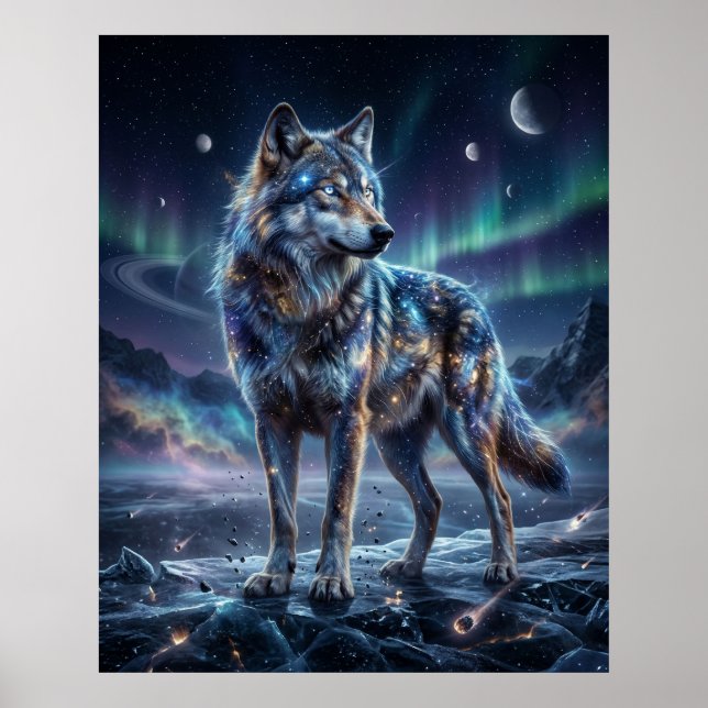 Kosmischer Wolf unter dem Aurorahimmel Poster (Vorne)