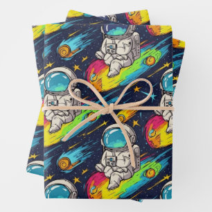 Kosmisches Astronauten-Meteor-Fahr-Muster Geschenkpapier Set