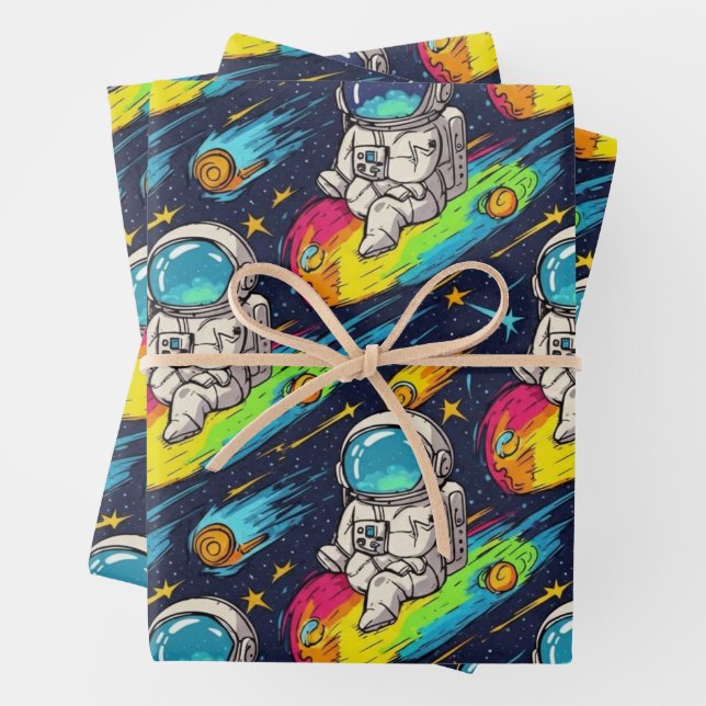 Kosmisches Astronauten-Meteor-Fahr-Muster Geschenkpapier Set (Beispiel)