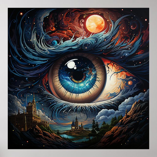 Kosmisches Auge mit Schloss und roter Sonne Poster (Vorne)
