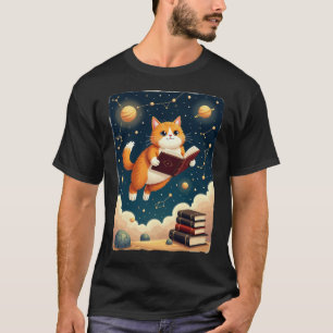 Kosmisches Bücherwurm-Katzen-Weltraum-Lesesticker- T-Shirt