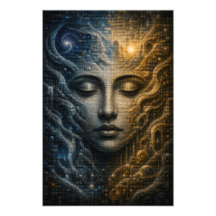 Kosmisches Dualitäts-Mikro-Mosaik-Gesicht 3D-Poste Fotodruck