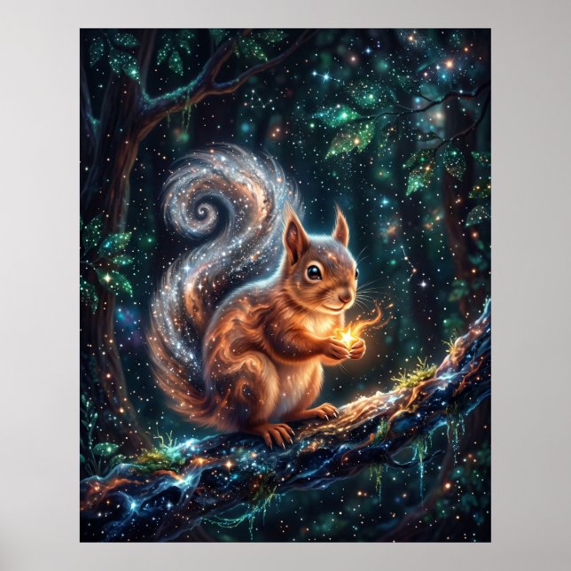 Kosmisches Eichhörnchen Sammelt Sternensaat Poster (Vorne)