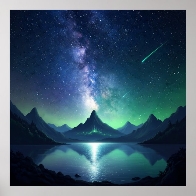 Kosmisches Landschaftssee - Nacht Himmel Wandkunst Poster (Vorne)