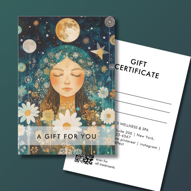 Kosmisches Mädchen Boho Mond QR-Code-Geschenkgutsc (Cosmic Girl Boho Moon QR Code Salon Gift Certificate Green & Gold)