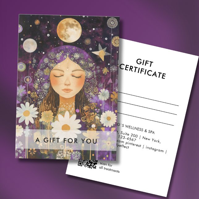 Kosmisches Mädchen Boho Mond QR-Code-Geschenkgutsc (Cosmic Girl Boho Moon QR Code Salon Gift Certificate Purple & Gold)
