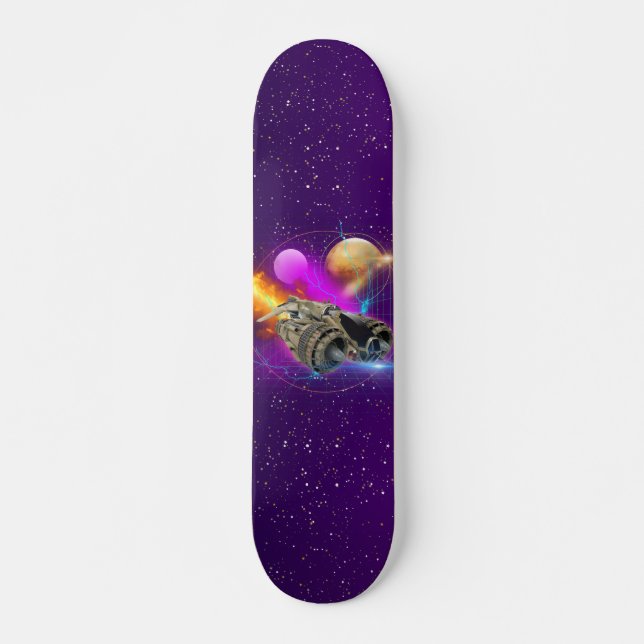 Kosmisches Raumschiff & Planeten Lila Retro-Univer Skateboard (Vorne)