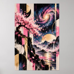 Kosmisches Sakura Mond-Geometrie Rosa Gold Mond Ku Poster