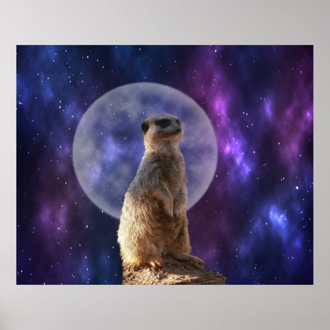 Kosmisches Sentinel: Meerkat unter dem Vollmond Poster (Vorne)
