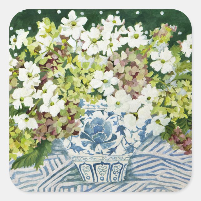 Kosmos und Hydrangeas in einer chinesischen Vase 2 Quadratischer Aufkleber (Vorderseite)
