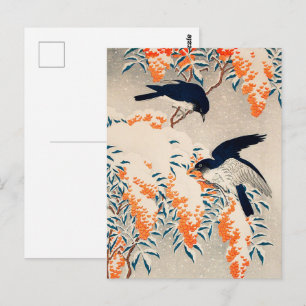 Koson Nandina & Flycatchers in Snow Japanese Art Postkarte