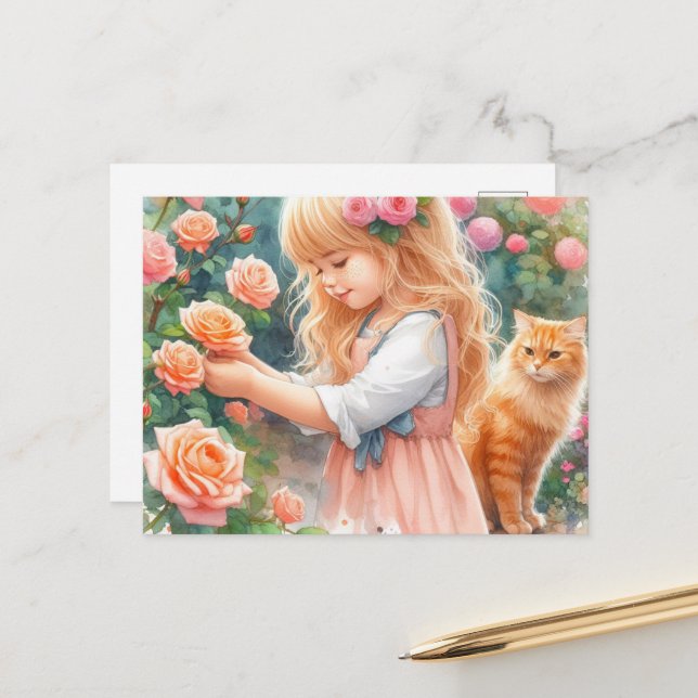 Kostbare Rose mit Ingwer Cat Postkarte (Vorderseite/Rückseite Beispiel)