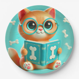 Kostbarer Cartoon Katze Lesen eines Buches Pappteller