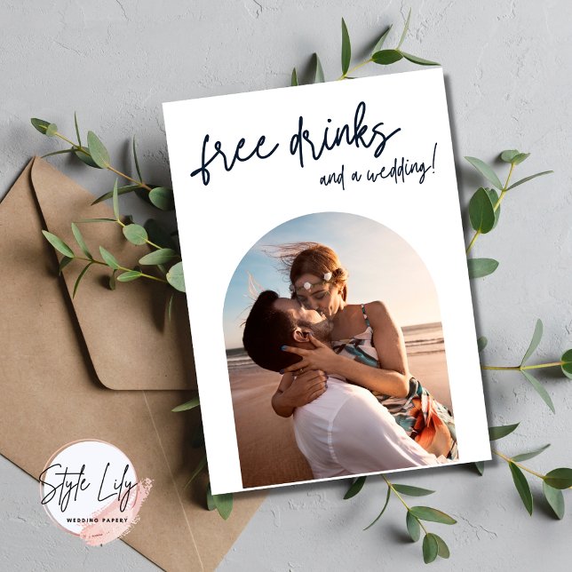 Kostenfreie Getränke Save the Date im modernen Arc Ankündigung (Von Creator hochgeladen)