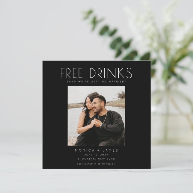 Kostenlose Drinks Foto Funny Wedding Save the Date (Stehend Vorderseite)