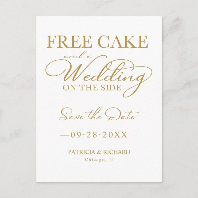 Kostenloser Kuchen und eine Hochzeit Save the Date Postkarte (Vorderseite)