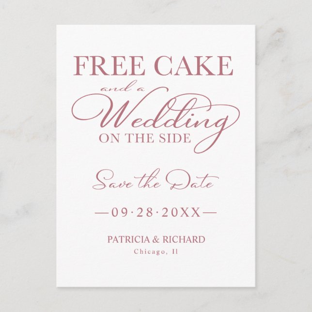 Kostenloser Kuchen und eine Hochzeit Save the Date Postkarte (Vorderseite)