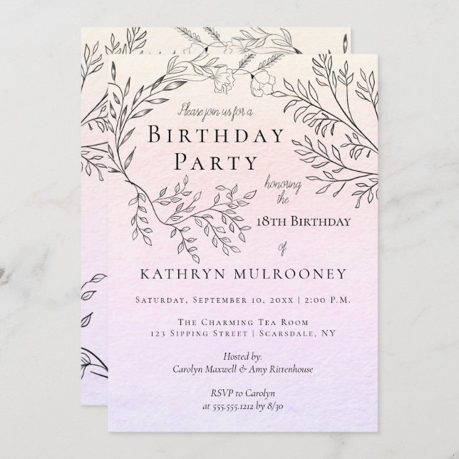 Köstliche BlumenKonturen auf Rosa-18. Einladung (Vorne/Hinten)
