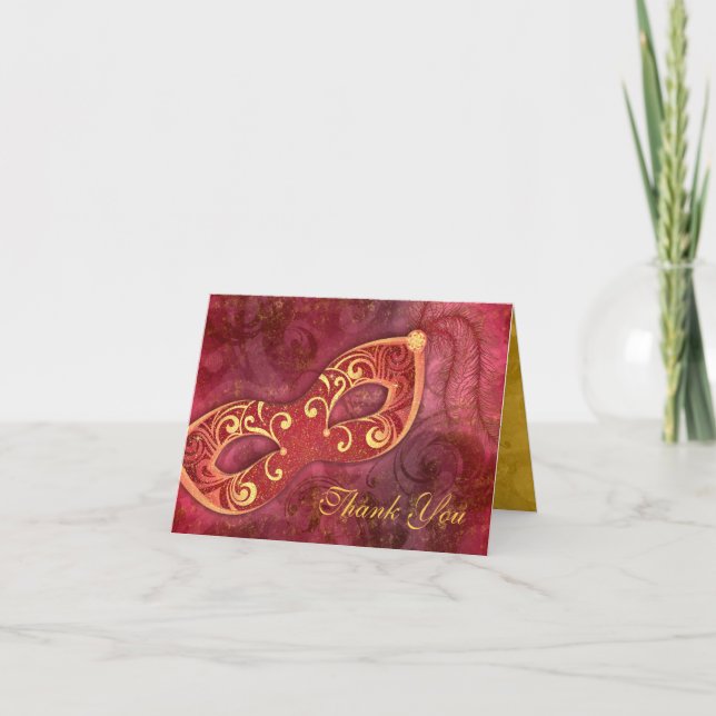 Kostümball-Masken-Burgunder-Hochzeit danken Ihnen Dankeskarte (Vorderseite)