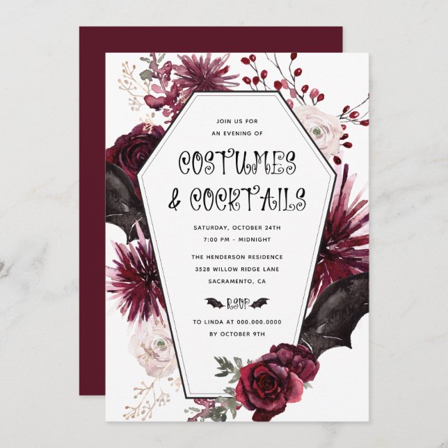 Kostüme und Cocktails Erwachsenes Halloween-Party Einladung (Vorne/Hinten)