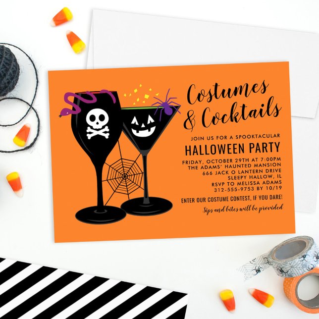Kostüme und Cocktails Oranges Halloween-Party Einladung (Von Creator hochgeladen)