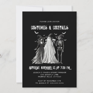 Kostüme und Cocktails Schwarz-weißes Halloween-Par Einladung