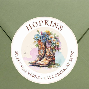 Kowgirl-Stiefel mit Blumen-Rücksende-Adressetikett Runder Aufkleber