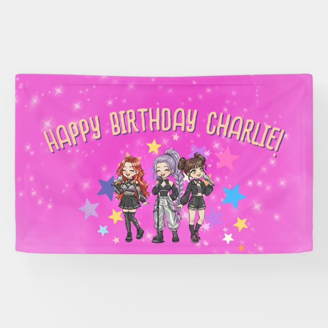 KPOP Geburtstagsgesang, rosa Sterne Banner (Horizontal)