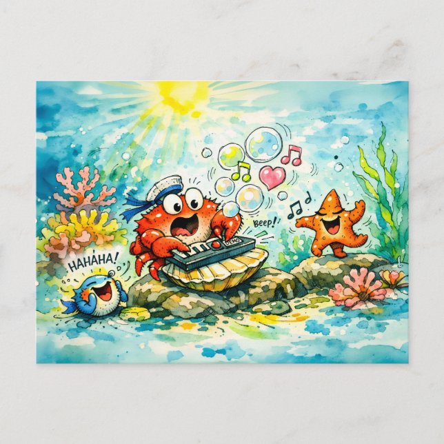 Krabbe spielt Keyboard Cartoon   Postkarte (Vorderseite)