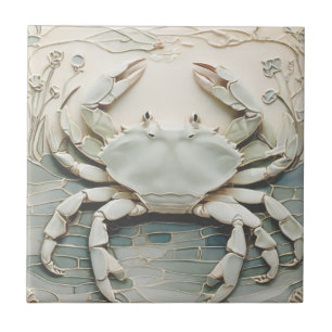 Krabben Art Nouveau Faux-Relief Weiß & Mint Pastel Fliese