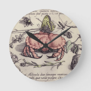 Krabben-Botanische-Insekten-Blumen-Illustration Runde Wanduhr
