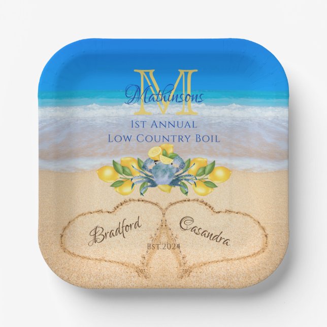 Krabben und Lemon Wedding Hearts in Sand Pappteller (Vorderseite)
