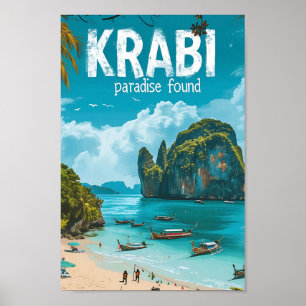 Krabi Thailand Vintag Art Travel Illustration Poster