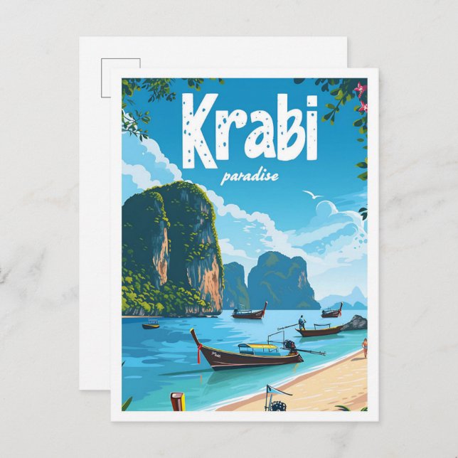 Krabi Thailand Vintag Art Travel Illustration Postkarte (Vorne/Hinten)
