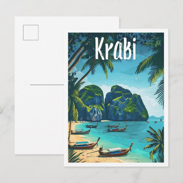 Krabi Thailand Vintag Art Travel Illustration Postkarte (Vorne/Hinten)
