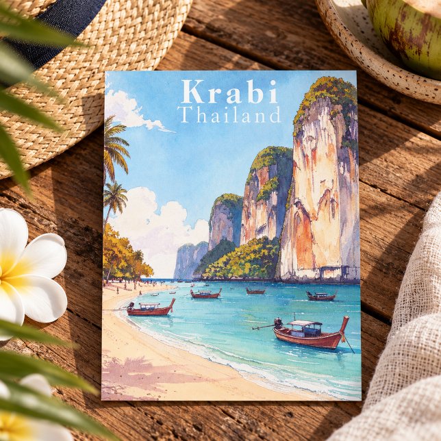 Krabi Thailand Vintage Klippen und Longtail-Boote Postkarte (Krabi Thailand Vintage Cliffs and Longtail Boats Postcard)