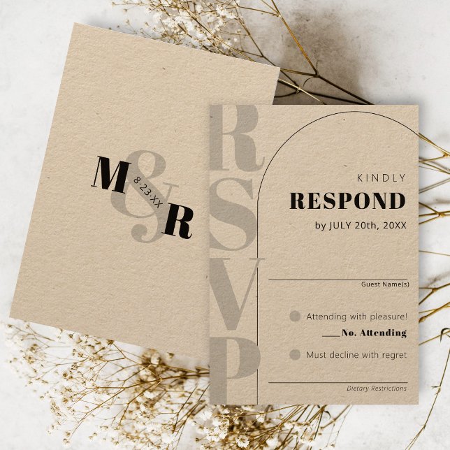 Kraft Amperand Modern Arch Wedding RSVP Card (Rustic ampersand simple black rustic kraft arch bold monogram RSVP wedding invitation response card)