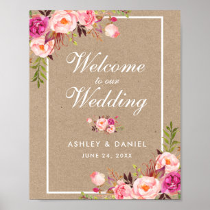 Kraft-Aquarell-Blumenrosé Hochzeitsbegrüßung Poster
