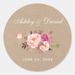 Kraft-Aquarell-Rosé-Blush-Blumen-Hochzeit Runder Aufkleber