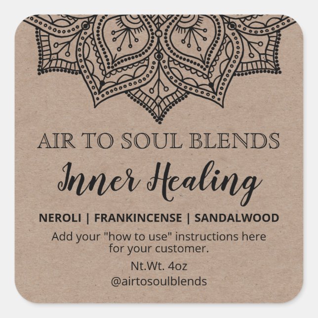 Kraft Black Mandala Blend Labels Quadratischer Aufkleber (Vorderseite)