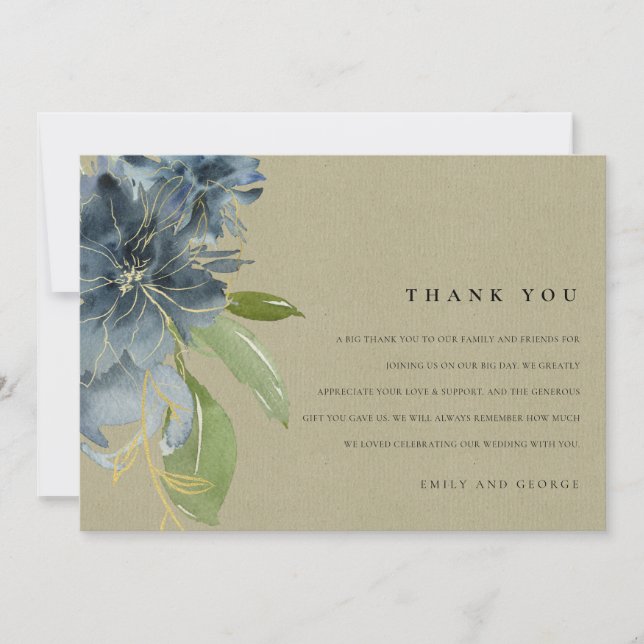 KRAFT BLAUE GOLD GREEN FLORAL WATERCOLOR WEDD DANKESKARTE
