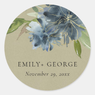 KRAFT BLAUE GREEN GOLD FLORAL WATERCOLOR WEDD RUNDER AUFKLEBER