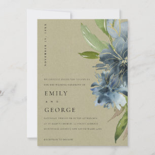 KRAFT BLUE GREEN GOLD FLORAL WEDITE INVITE DANKESKARTE