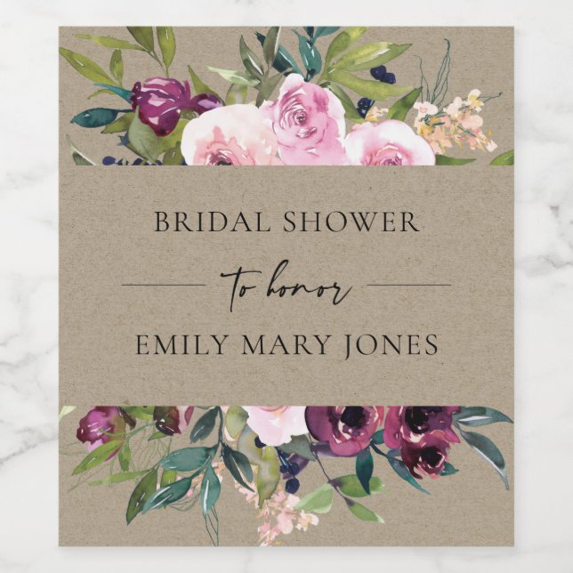 KRAFT BLUSH BURGUNDY FLORAL BUNCH BRAUTPARTY WEINETIKETT (Einzelnes Label)