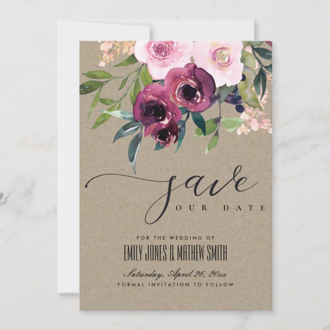 KRAFT BLUSH BURGUNDY FLORAL BUNCH WEDING SAVE THE DATE (Vorderseite)