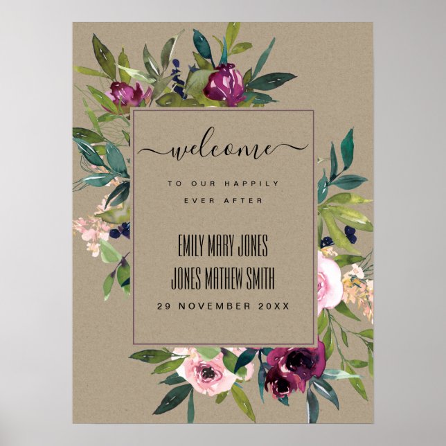 KRAFT BLUSH BURGUNDY FLORAL BUNCH WEDING WILLKOMME POSTER (Vorne)