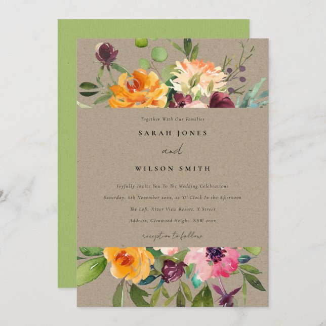 KRAFT BLUSH YELLOW ORANGE FLORAL BUNCH WEDD EINLADUNG (Vorne/Hinten)