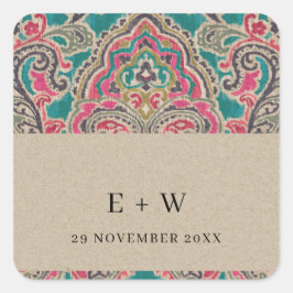 KRAFT BOHO TRIBAL IKAT PINK AQUAMARIN MONOGRAM WED QUADRATISCHER AUFKLEBER