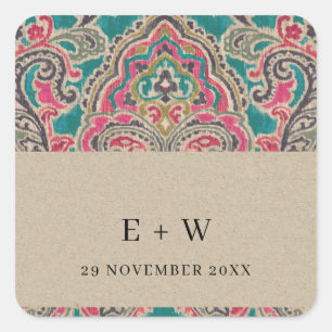 KRAFT BOHO TRIBAL IKAT PINK AQUAMARIN MONOGRAM WED QUADRATISCHER AUFKLEBER